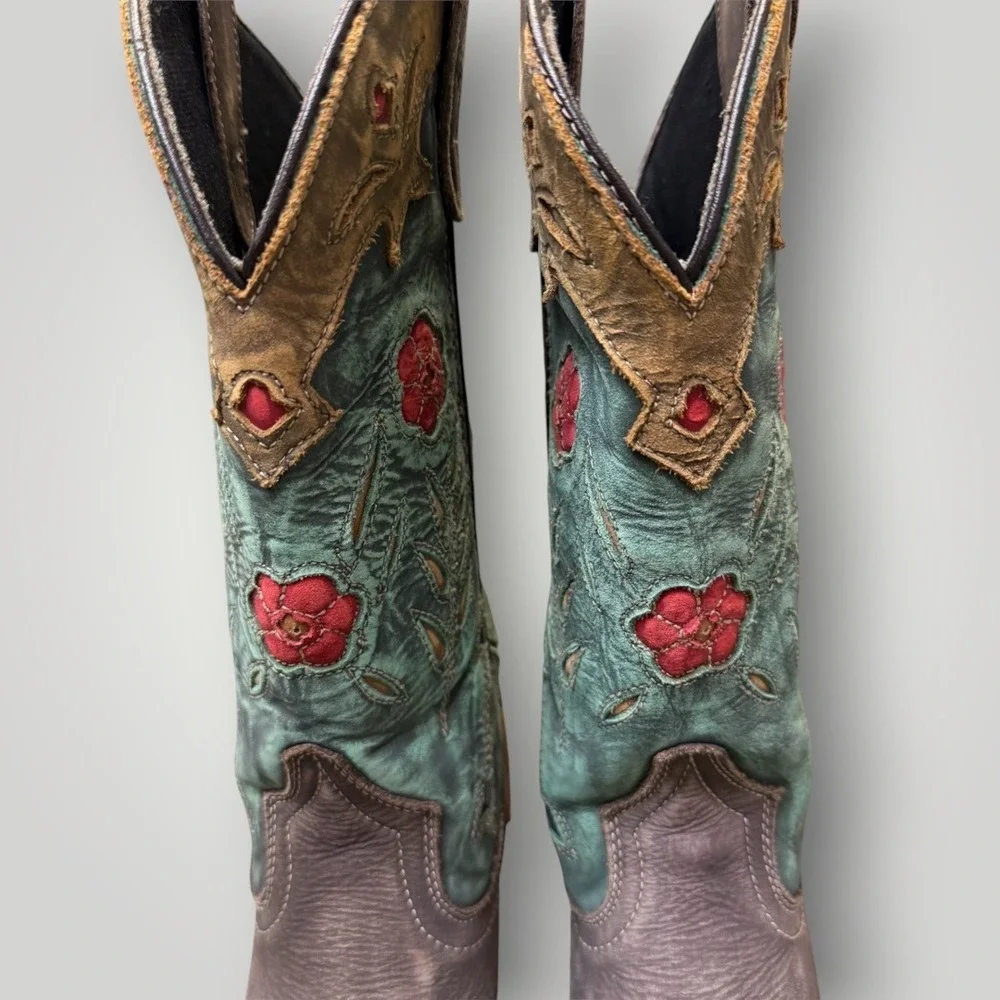 Laredo Miss Kate Floral Inlay Snip Toe Cowgirl Boots 52138 Size 7M Teal